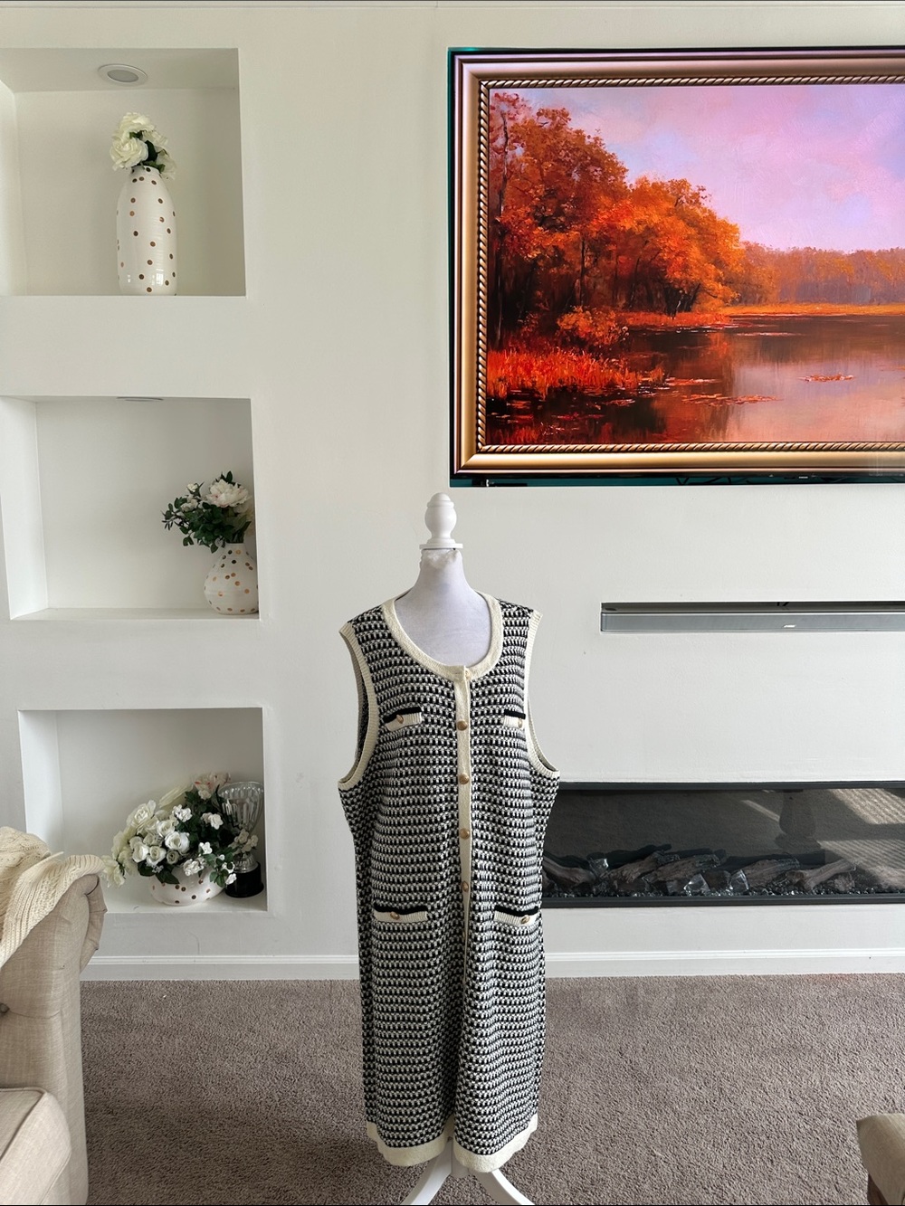 Talbots Black & Cream Sleeveless Knit Midi Dress
